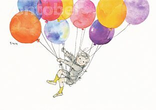 Pascal mit Ballonen, himmelwärts steigend